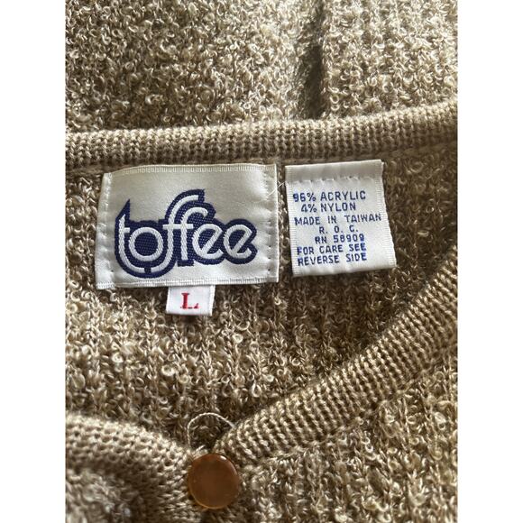 Vintage 80s Tan Boucle Button Front Cardigan Sweater Size Large - Picture 5 of 6